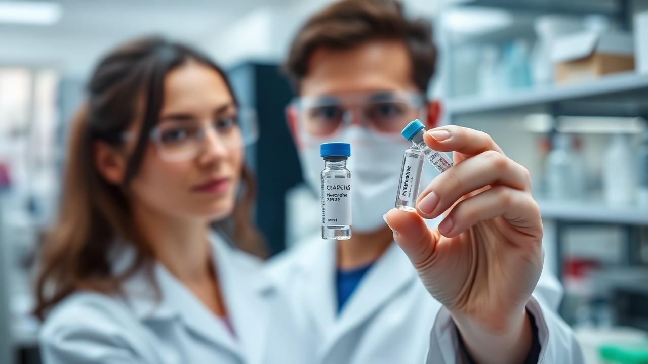 Researchers examine a vaccine candidate in the laboratory
