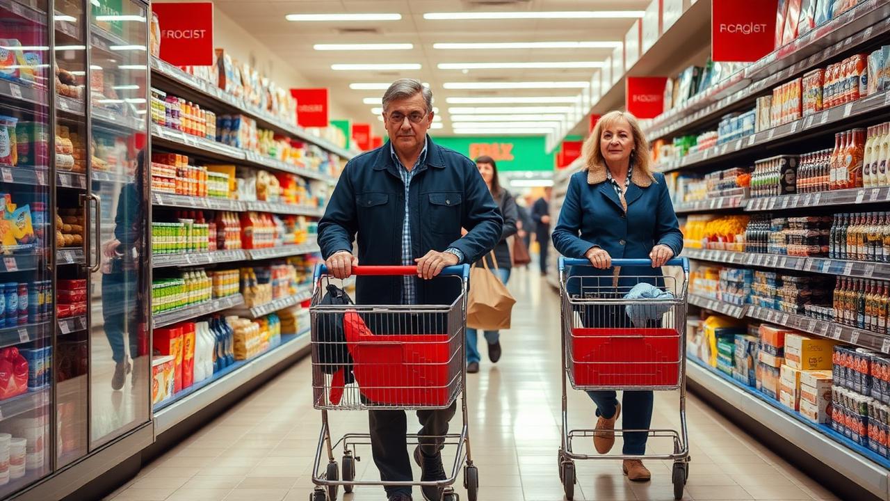 Shoppers in a supermarket aisle